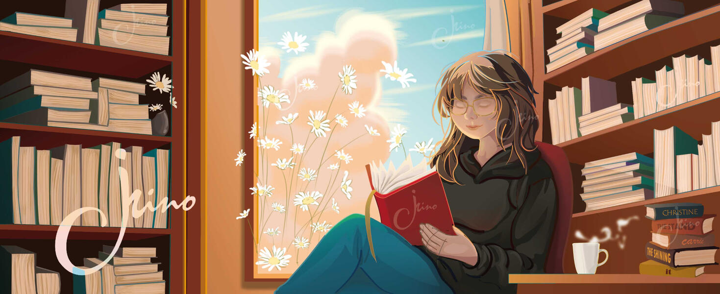 Creation of the character design in an environment and feeling of tranquility with a library background