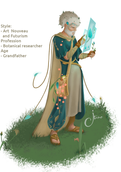 Creation of the character design according to a semi-realistic art nouveau era and style